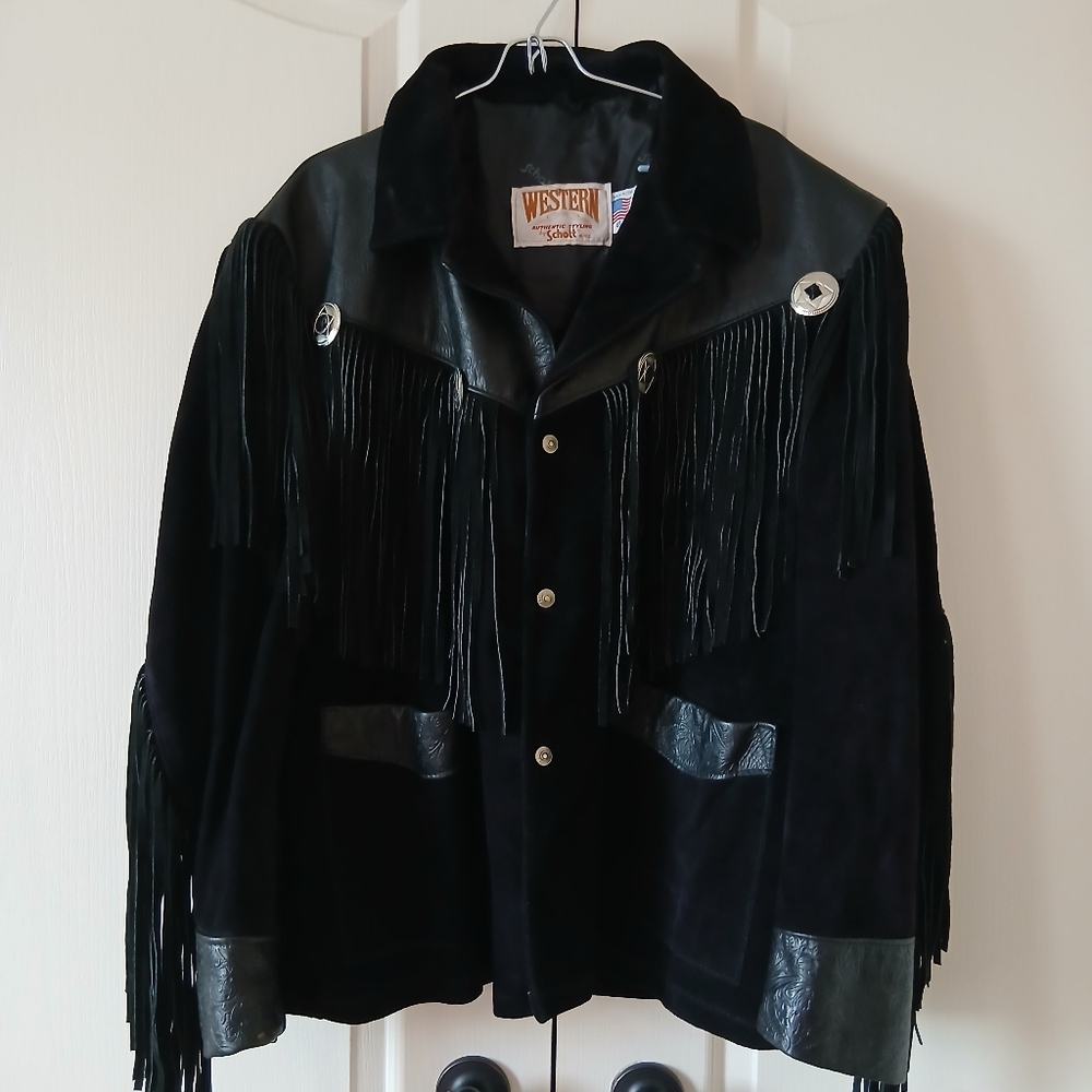 Schott NYC Western Black Tooled Leather Conchos Fringed Jacket 46 USA Vintage. - Picture 2 of 12